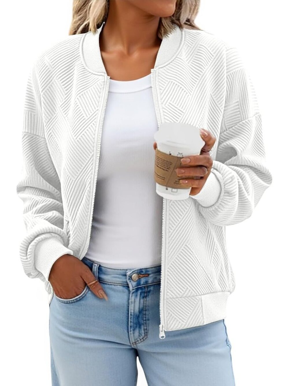 Women's White Bomber Jacket Trendy Casual Lightweight Zip Up Jacket with Pockets